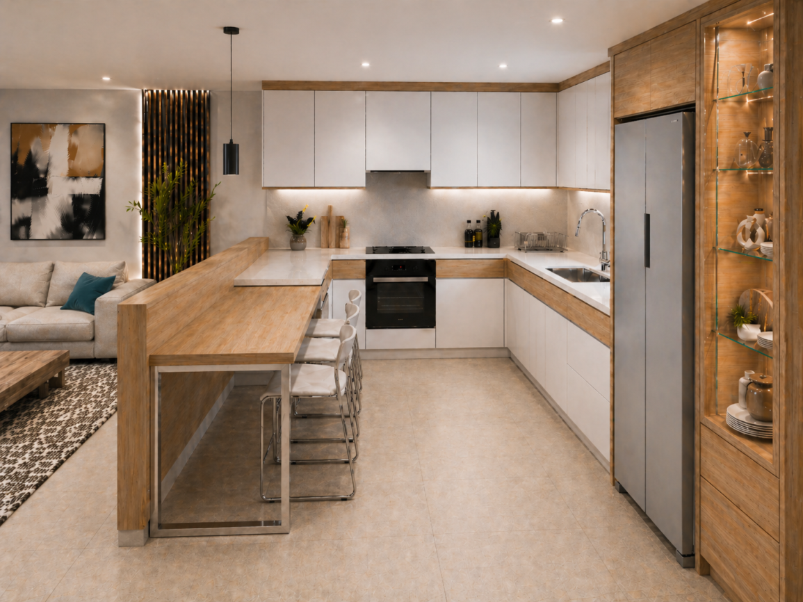 Shaker kitchen with white cabinets and wood accents, featuring a long wooden breakfast bar with stools, stainless steel appliances, and warm ambient lighting.
