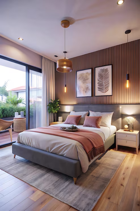 Modern bedroom with gray upholstered bed, blush pink accents, wood-paneled wall, pendant lighting, botanical artwork, sliding glass door, and natural light.