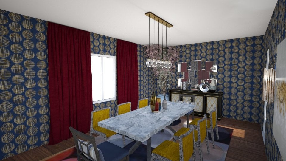 Dining room with patterned blue wallpaper, marble table, red curtains, and mixed color dining chairs