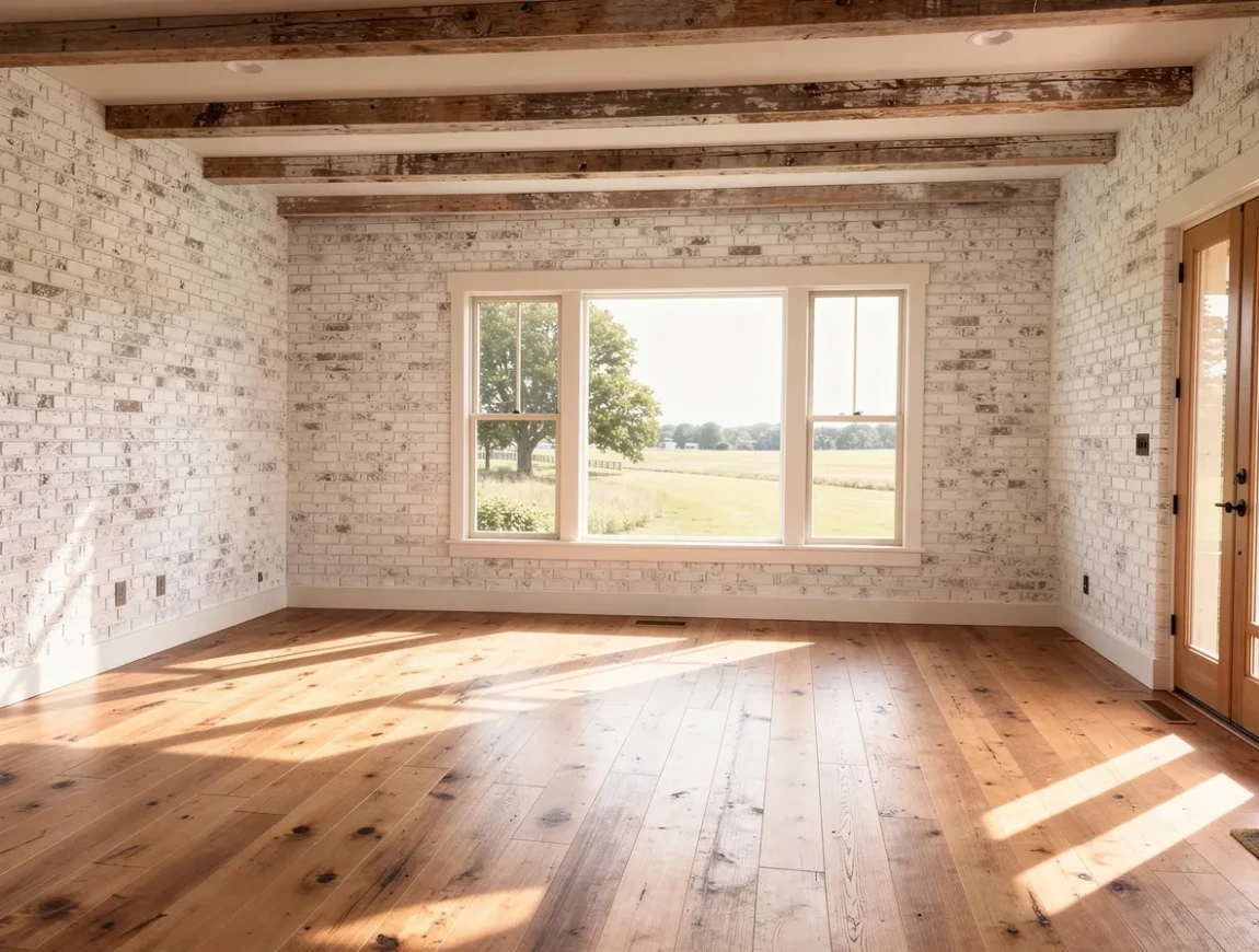 Empty room with whitewashed brick walls, exposed wood beams, wood flooring, and large windows