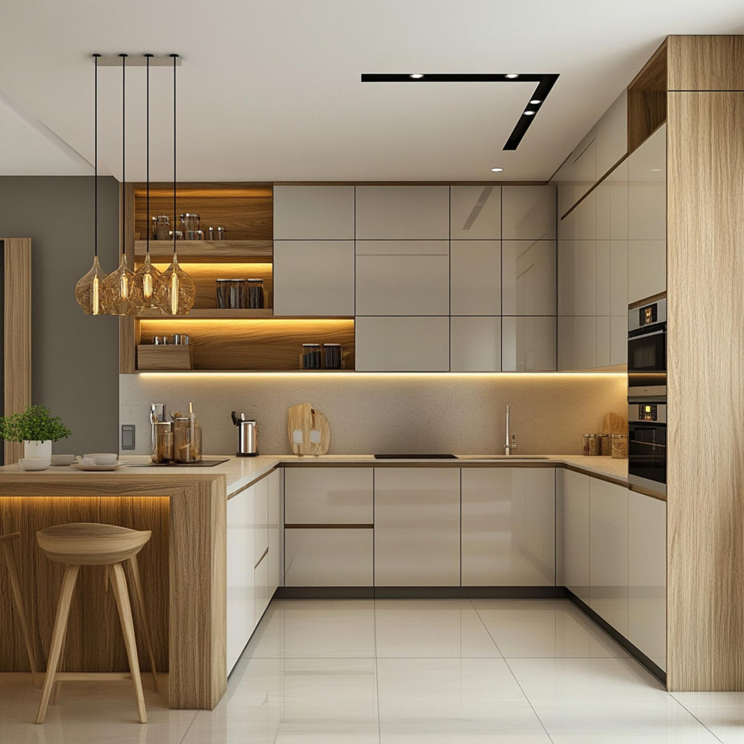 A modern kitchen with glossy beige cabinets, wood accents, under-cabinet lighting, pendant glass lamps, and a neutral color palette creating a warm, minimalist atmosphere.
