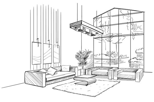 A black and white sketch of a modern living room with large floor-to-ceiling windows, minimalist sofas, a central coffee table, hanging lights, and a potted plant.