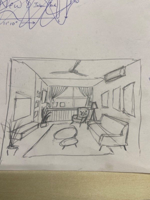 Sketch of a modern living room with a sofa, armchair, coffee tables, ceiling fan, large window with curtains, wall art, plants, and air conditioner.