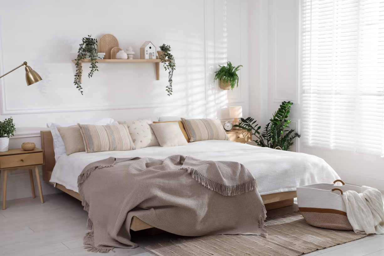 Bright minimalist bedroom with white walls, wooden furniture, beige linens, green plants, and soft natural light.