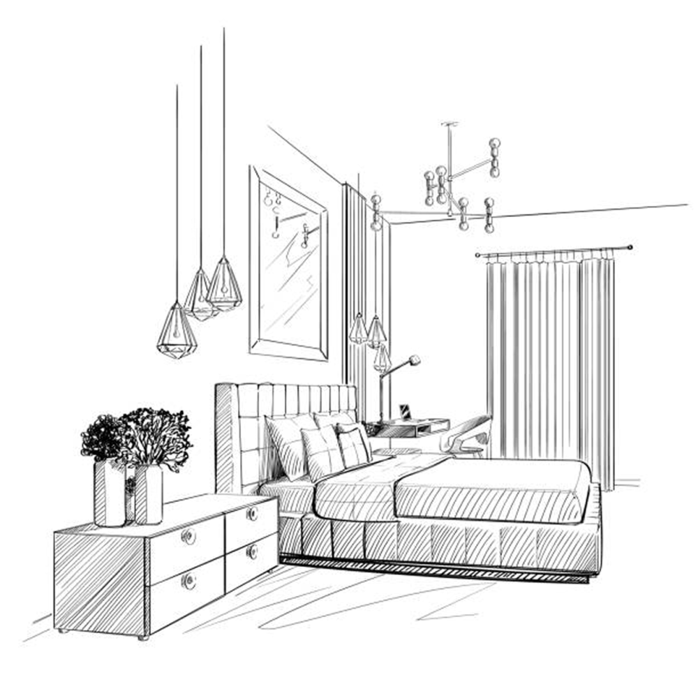 Black-and-white interior sketch of a modern bedroom featuring a bed with upholstered headboard, pendant lights, bedside table, curtains, dresser, framed wall art, and decorative lighting fixtures.