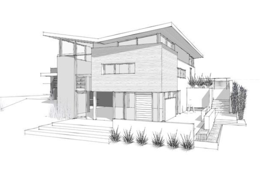 Black and white architectural sketch of a modern two-story house with flat roof, large windows, horizontal siding, front steps, and minimal landscaping.
