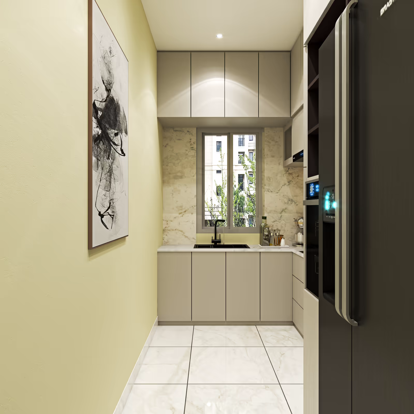 Small kitchen with beige cabinets, marble backsplash, black sink faucet, large window, stainless steel refrigerator, and abstract black-and-white wall art.