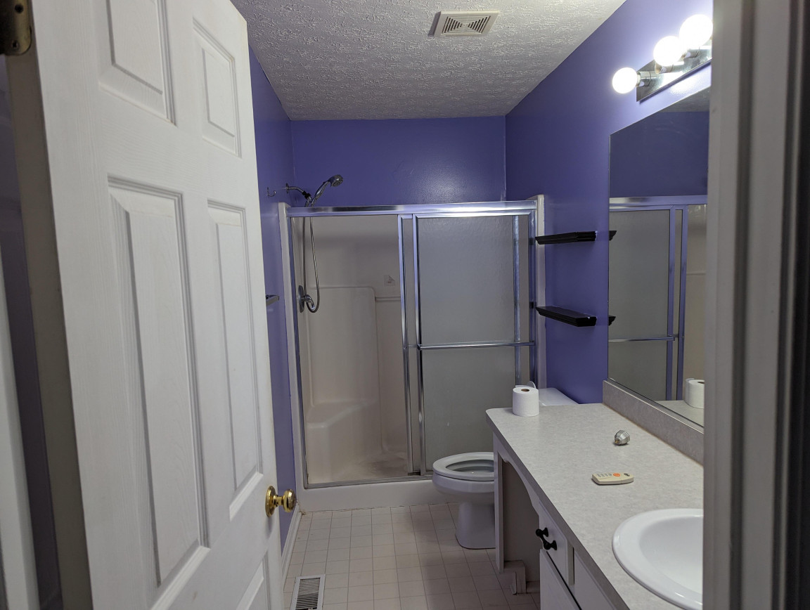 Bathroom with purple walls, sliding shower doors, white vanity countertop, and overhead vanity lighting