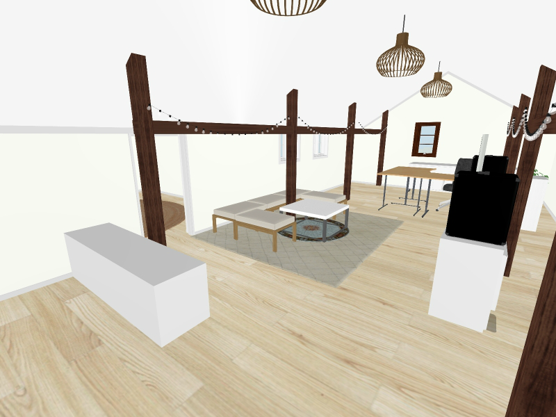 Living room with minimalist modern design, light wood flooring, white walls, dark wooden beams, simple seating, hanging pendant lights, and neutral tones creating an airy atmosphere.
