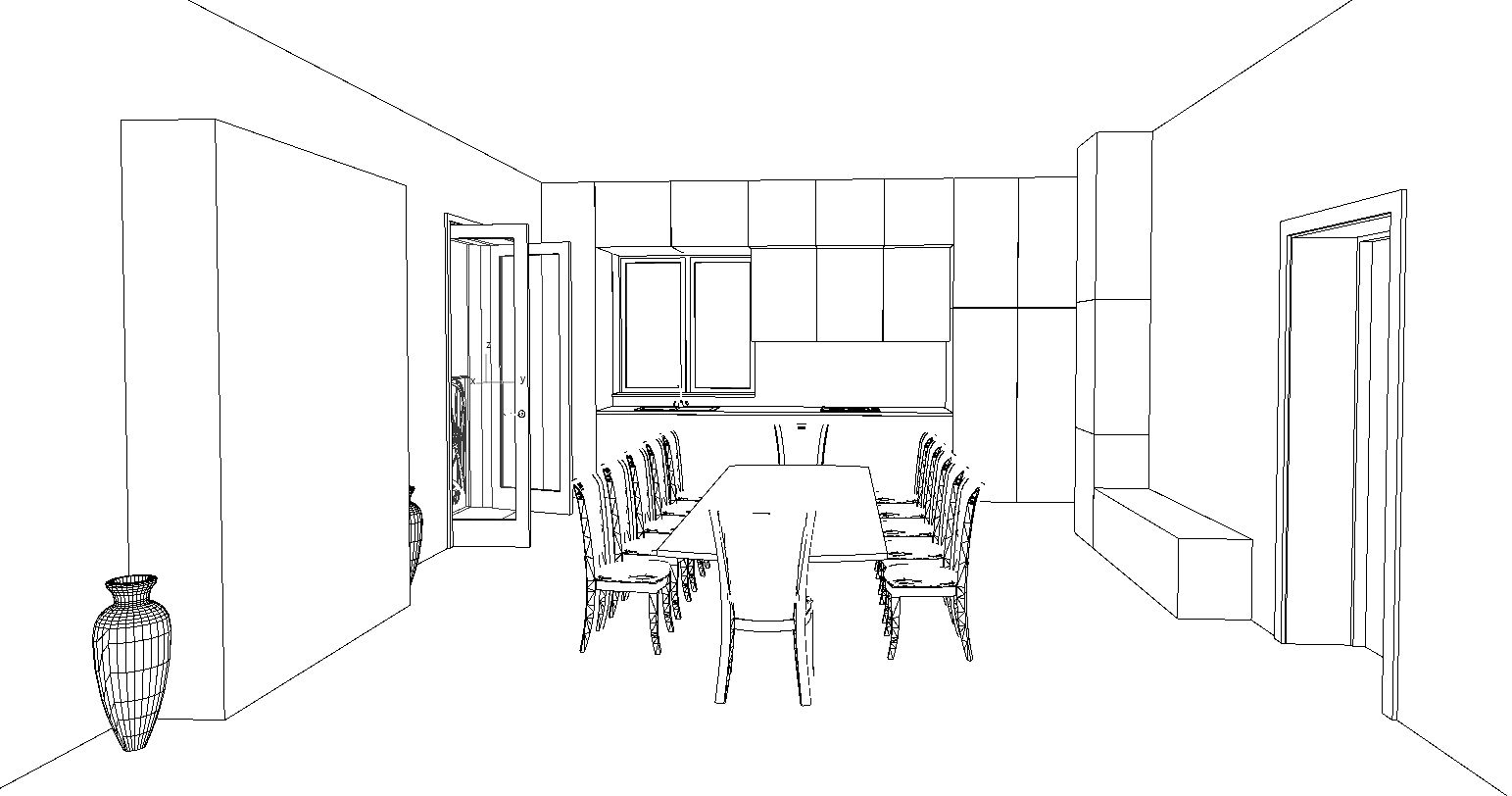 A black and white line drawing of a modern dining room with a long rectangular table, twelve chairs, built-in cabinetry, and large vases, minimalist style.