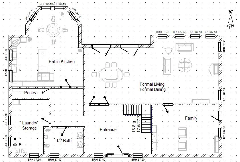 A black-and-white residential floor plan showing the main level layout of a home. The plan includes an eat-in kitchen with pantry, laundry and storage room, half bathroom, entrance foyer with staircase, formal living and dining area, and a separate family room. Windows, doors, furniture placement, and room labels are marked throughout the layout, with a north direction arrow shown in the top-right corner.