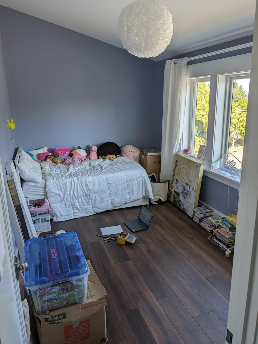 Kids bedroom with lavender walls, white bed, scattered books, plush toys, and dark wood flooring beside tall windows