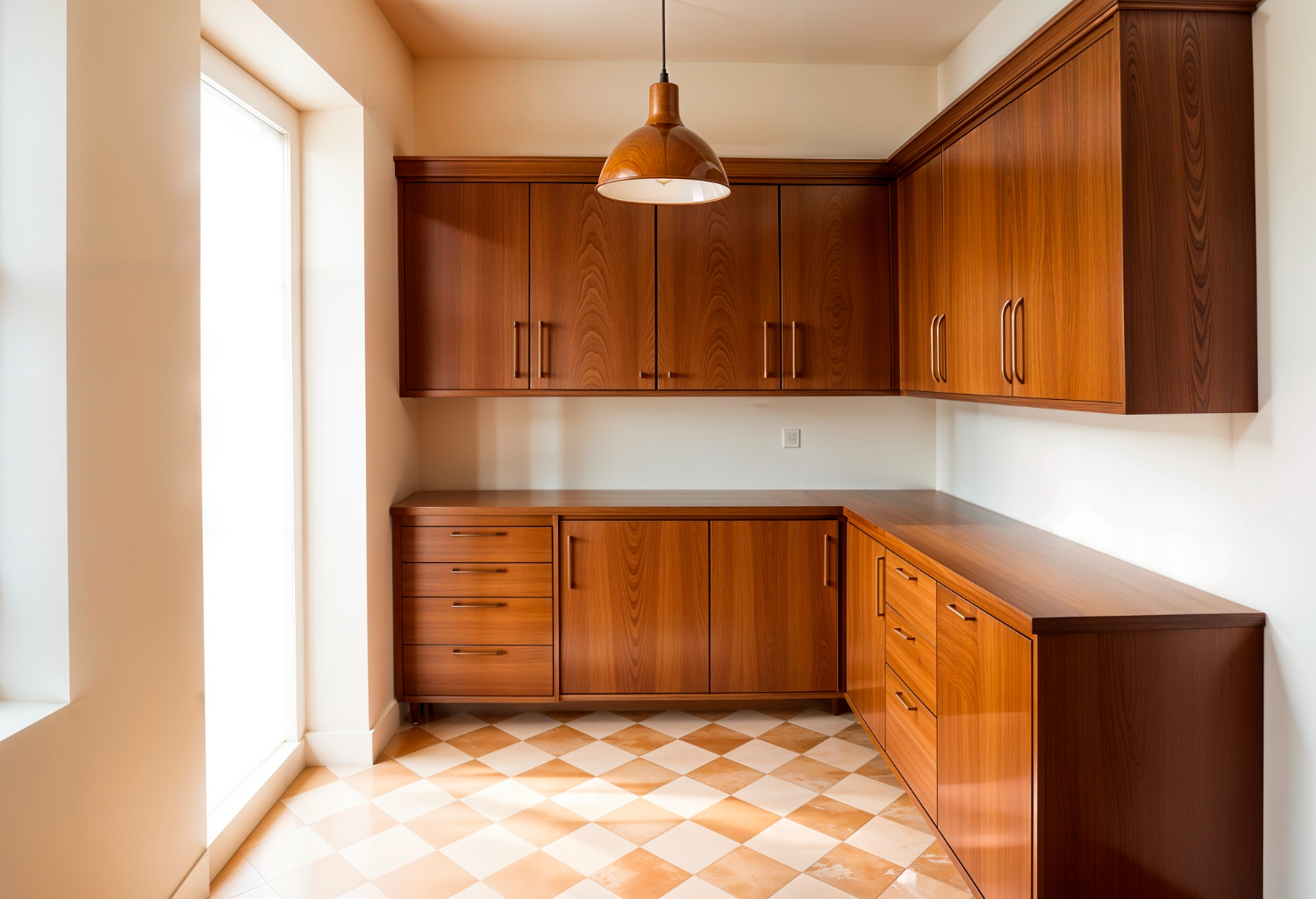 Kitchen with mid-century modern style featuring warm wooden cabinets, checkered beige and white tile floor, soft natural light, and minimalist atmosphere.
