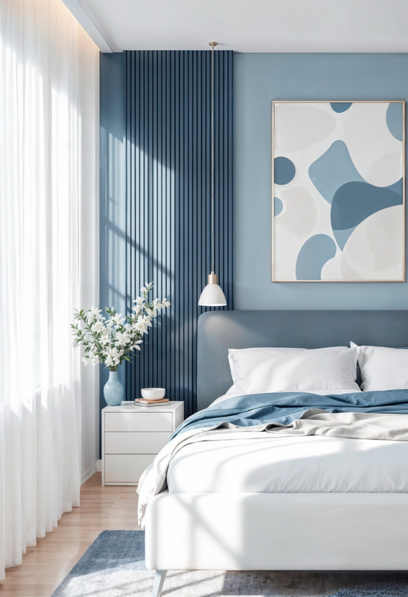Modern bedroom with blue and white color palette, upholstered bed, abstract wall art, vertical panel accent wall, white sheer curtains, and natural light