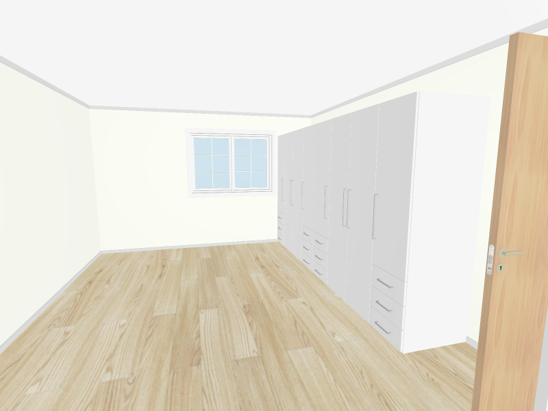 Minimalist bedroom with light wood flooring, white walls, large white built-in wardrobes, a single window, and an open wooden door.