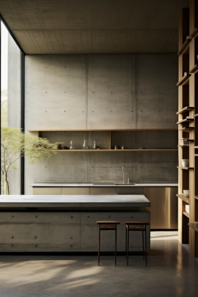 Unfinished kitchen with concrete walls and island, wooden open shelving, muted earth tones, natural light.