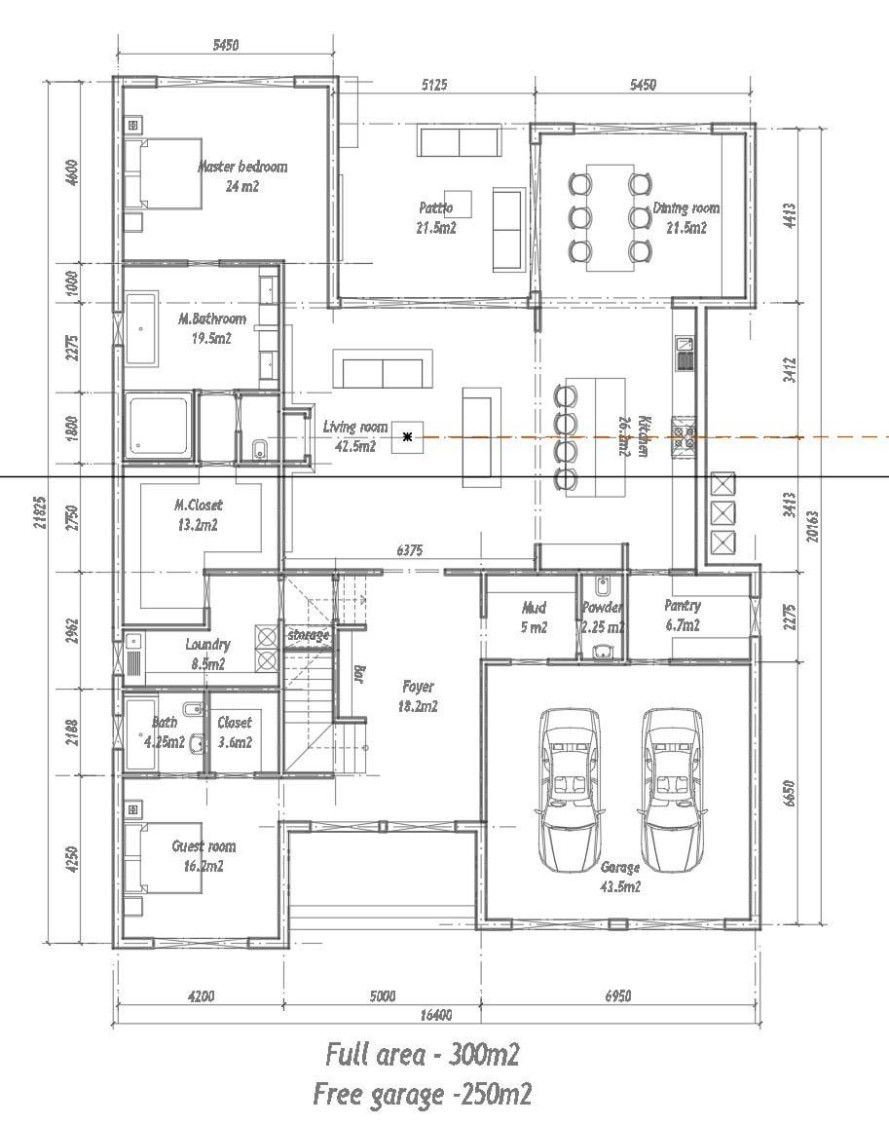 Technical architectural floor plan drawing with labeled rooms, measurements, and garage layout