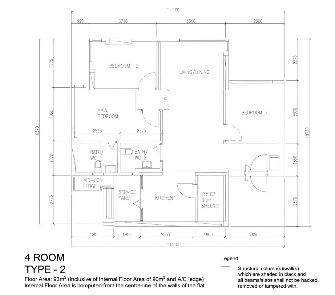 A 2D architectural apartment floor plan showing bedrooms, bathrooms, kitchen, open living and dining area, terrace, doors, walls, fixtures, furniture placement, and structural columns.
