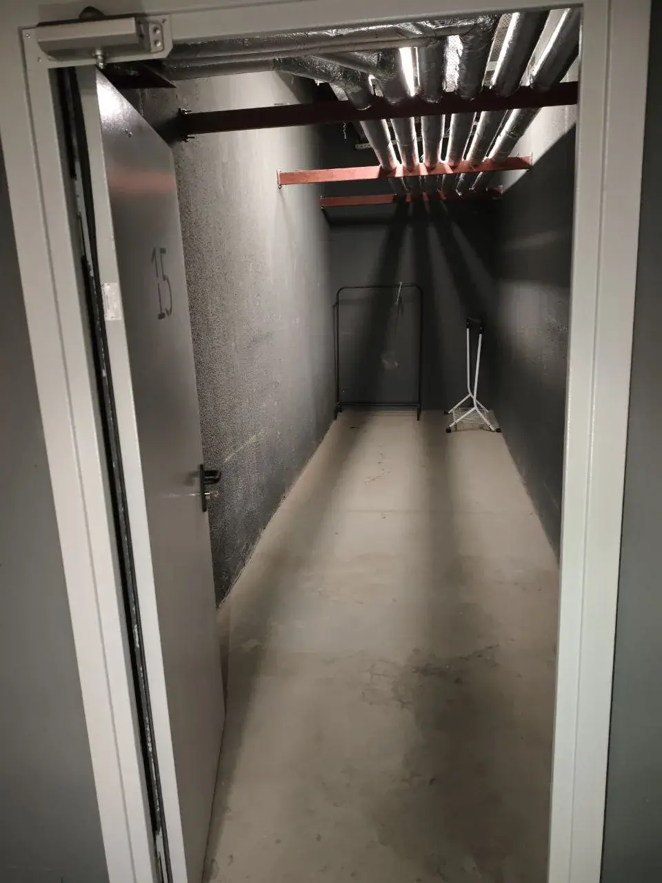 Narrow industrial storage room with gray textured walls, concrete floor, exposed insulated pipes on ceiling, minimal lighting, and sparse metal racks.
