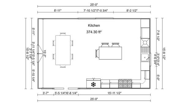 A 2D kitchen floor plan with dimensions and layout details, showing a large kitchen space of 374.30 square feet, an island with seating, a dining table, countertops, sink, stove, cabinetry, and appliance placements along the walls.