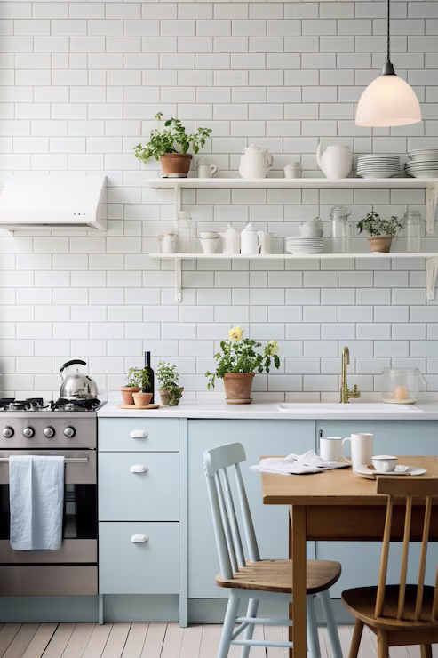 Bright, minimalist kitchen with pastel blue cabinets, white subway tile backsplash, open shelves with white ceramics, potted plants, wooden dining table, and soft natural light.
