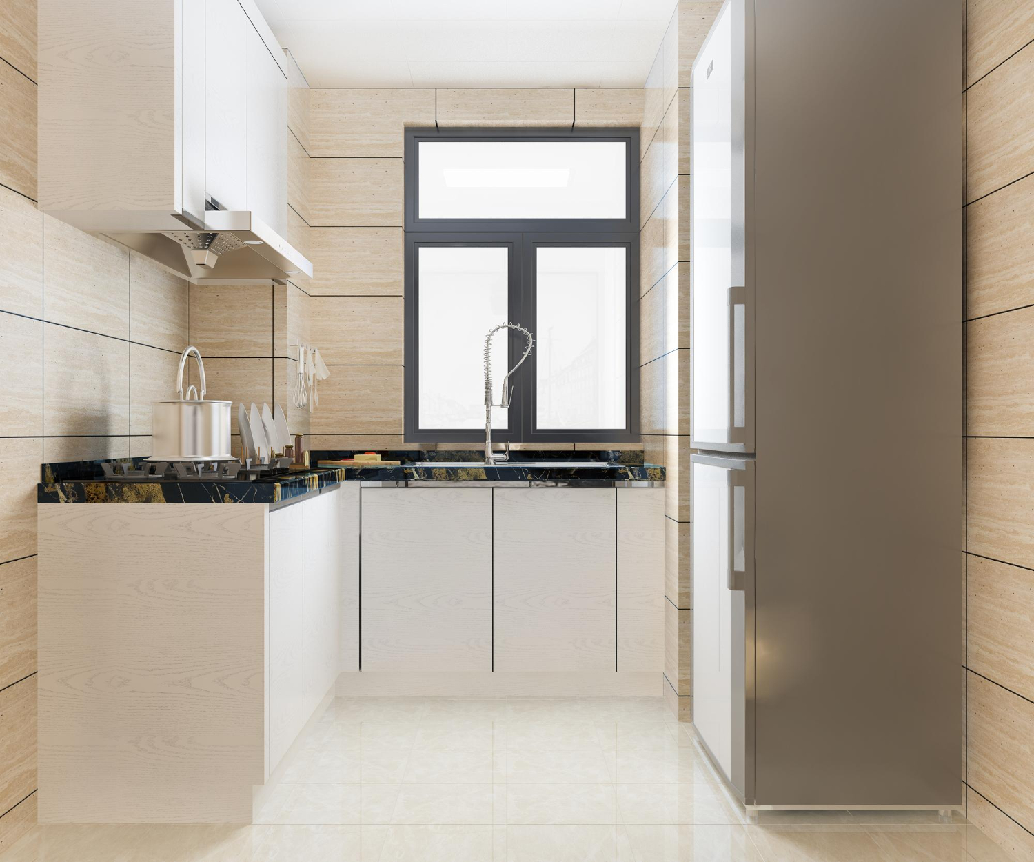Compact l-shaped kitchen with beige tiled walls, white cabinetry, black marble countertops, stainless steel appliances, and a large window, featuring a modern minimalist style.
