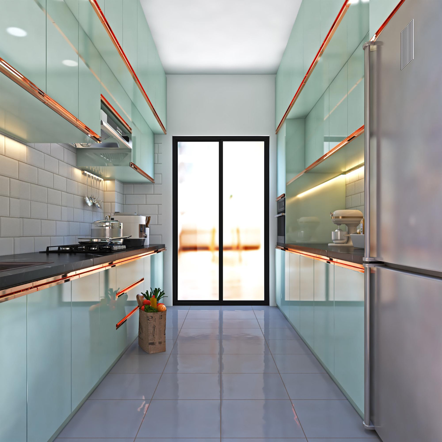 Narrow modern kitchen with glossy light teal cabinets, copper handles, black countertops, stainless steel appliances, white subway tile backsplash, and bright natural light.