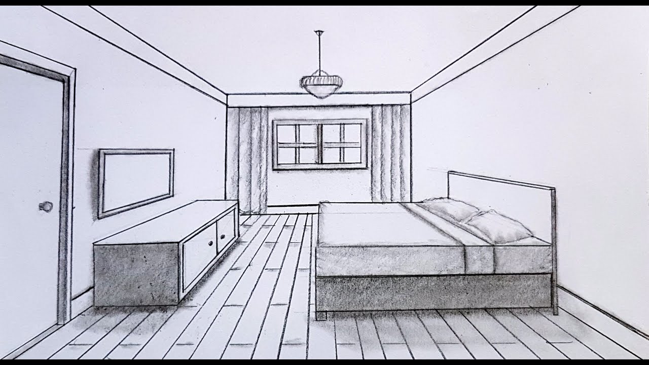 Black and white pencil sketch of a minimalist bedroom with a bed, low cabinet, window with curtains, wooden floor, and simple pendant light, calm atmosphere.