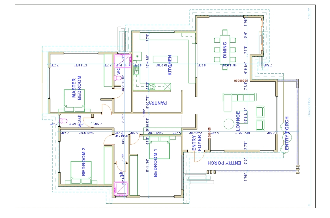 Architectural floor plan drawing with labeled rooms and technical layout details.
