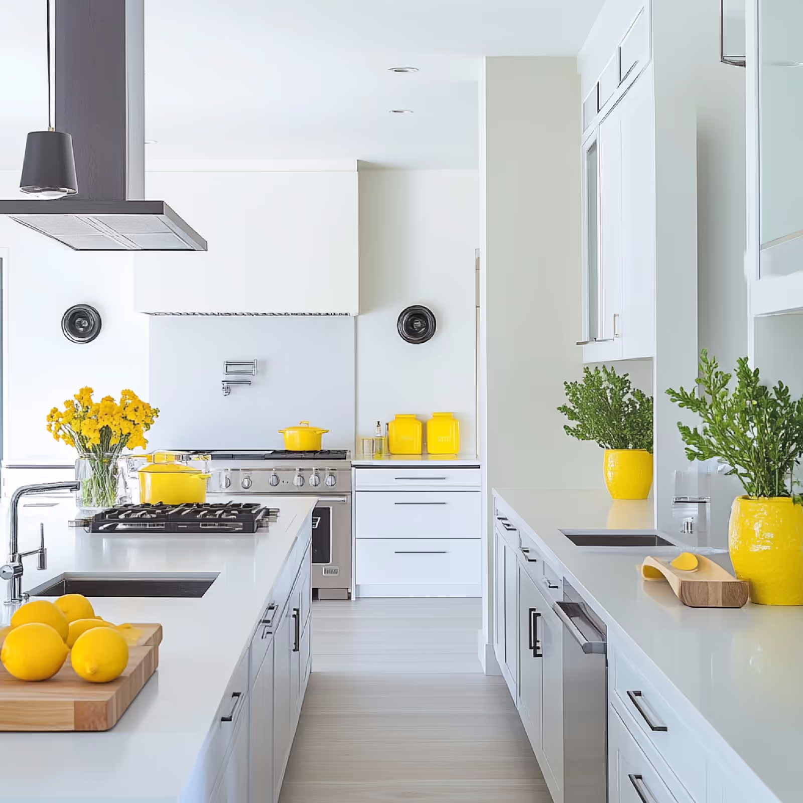 Modern island kitchen with white cabinetry, stainless steel appliances, and yellow accents including pots, flowers, and vases.