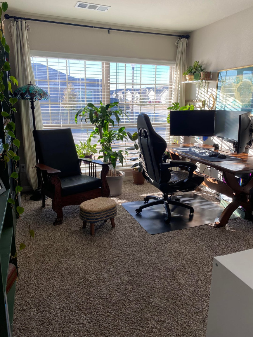 Home office with desk setup, plants, and large window