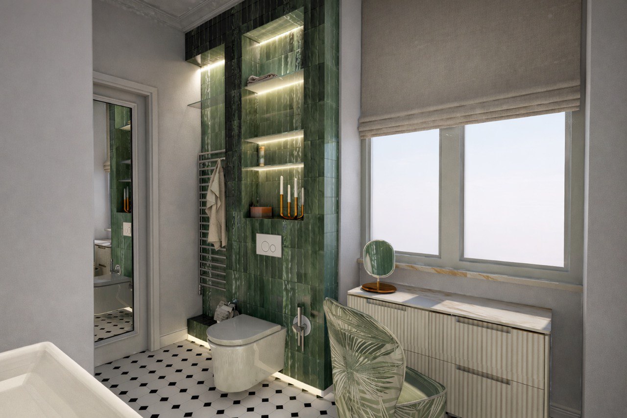 A bathroom with mid-century modern style, featuring green tiled accent wall, wall-mounted toilet, black and white patterned floor, and natural light from large window.