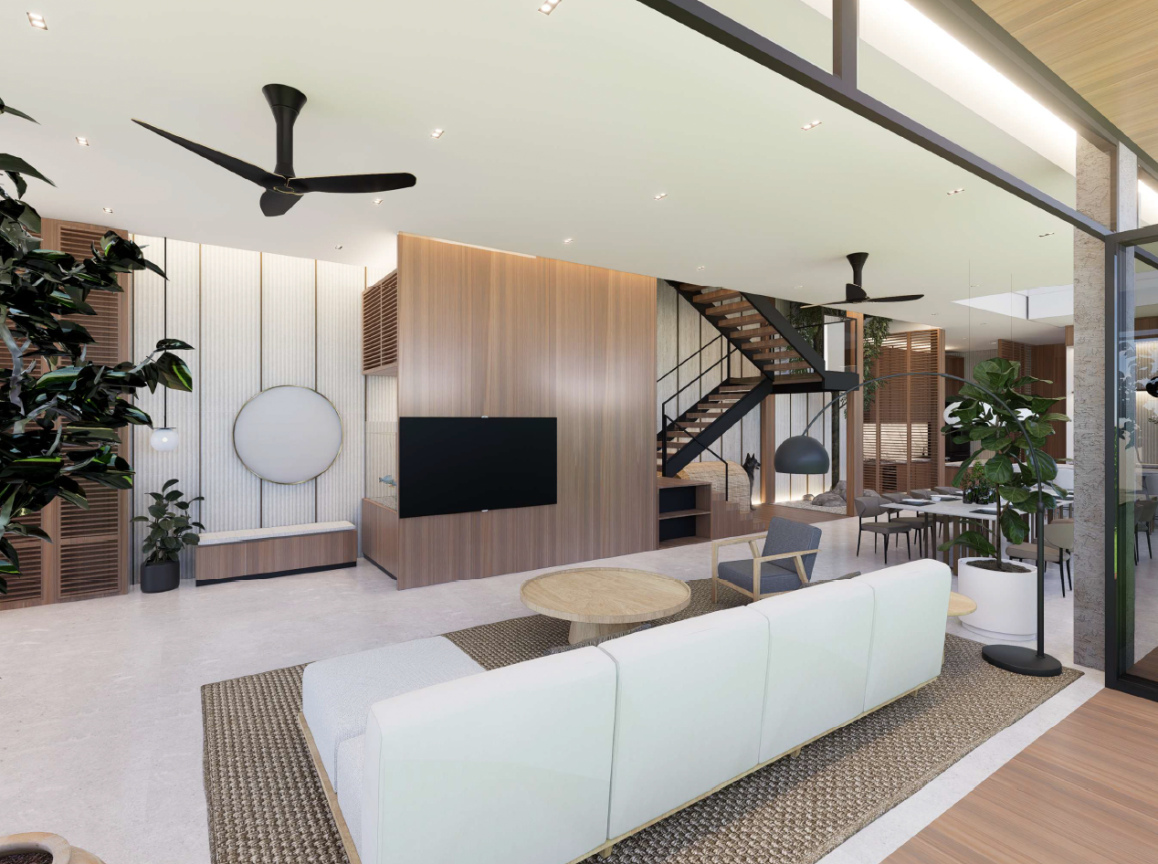 Spacious modern living room with neutral tones, wood paneling, minimalist furniture, black ceiling fans, large plants, open staircase, and natural light.