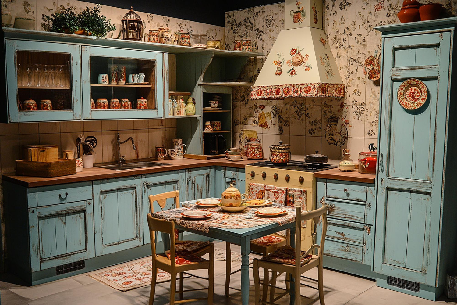 A vintage kitchen with distressed turquoise cabinets, floral-patterned stove hood, matching ceramic dishware, wooden table with floral tablecloth, and warm cozy atmosphere.