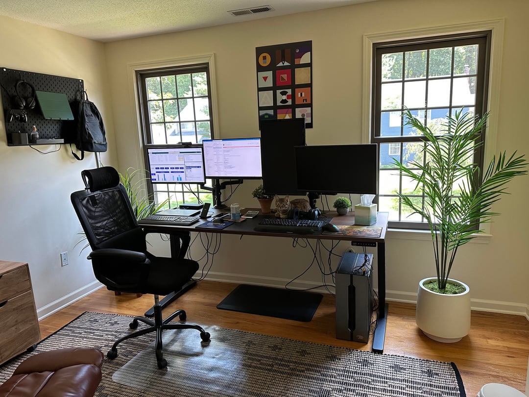 Home office with dual monitors, black office chair, large windows, plant, and visible cables