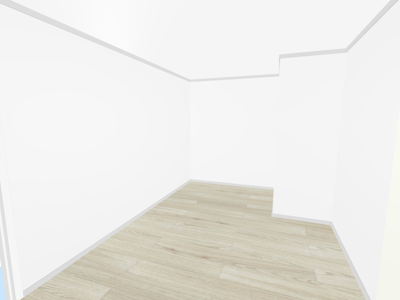 An empty space design with white walls and light wood flooring.