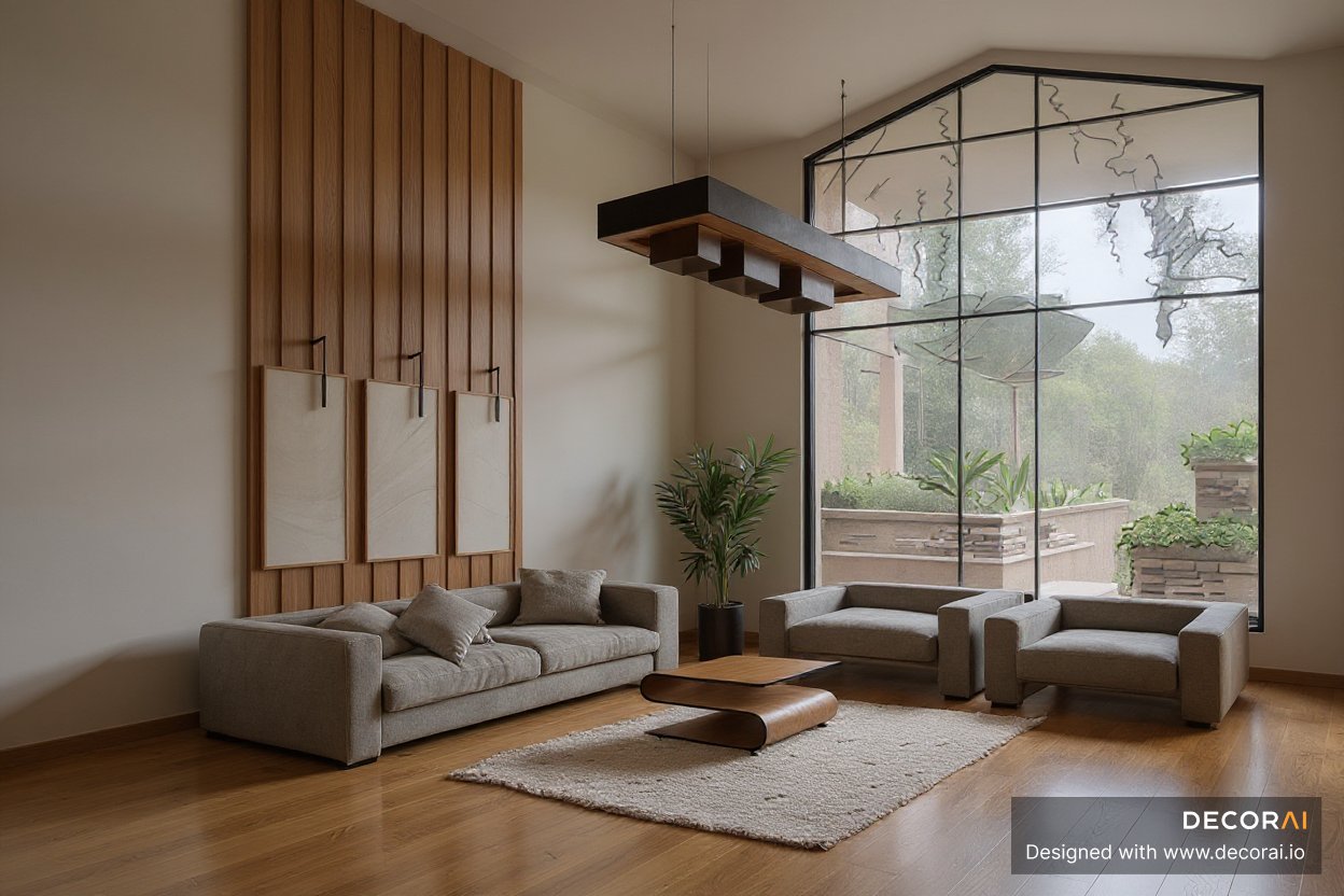 A contemporary living room with neutral gray sofas, curved wooden coffee table, textured rug, vertical wood panel wall art, large window, natural light, and minimalist decor.