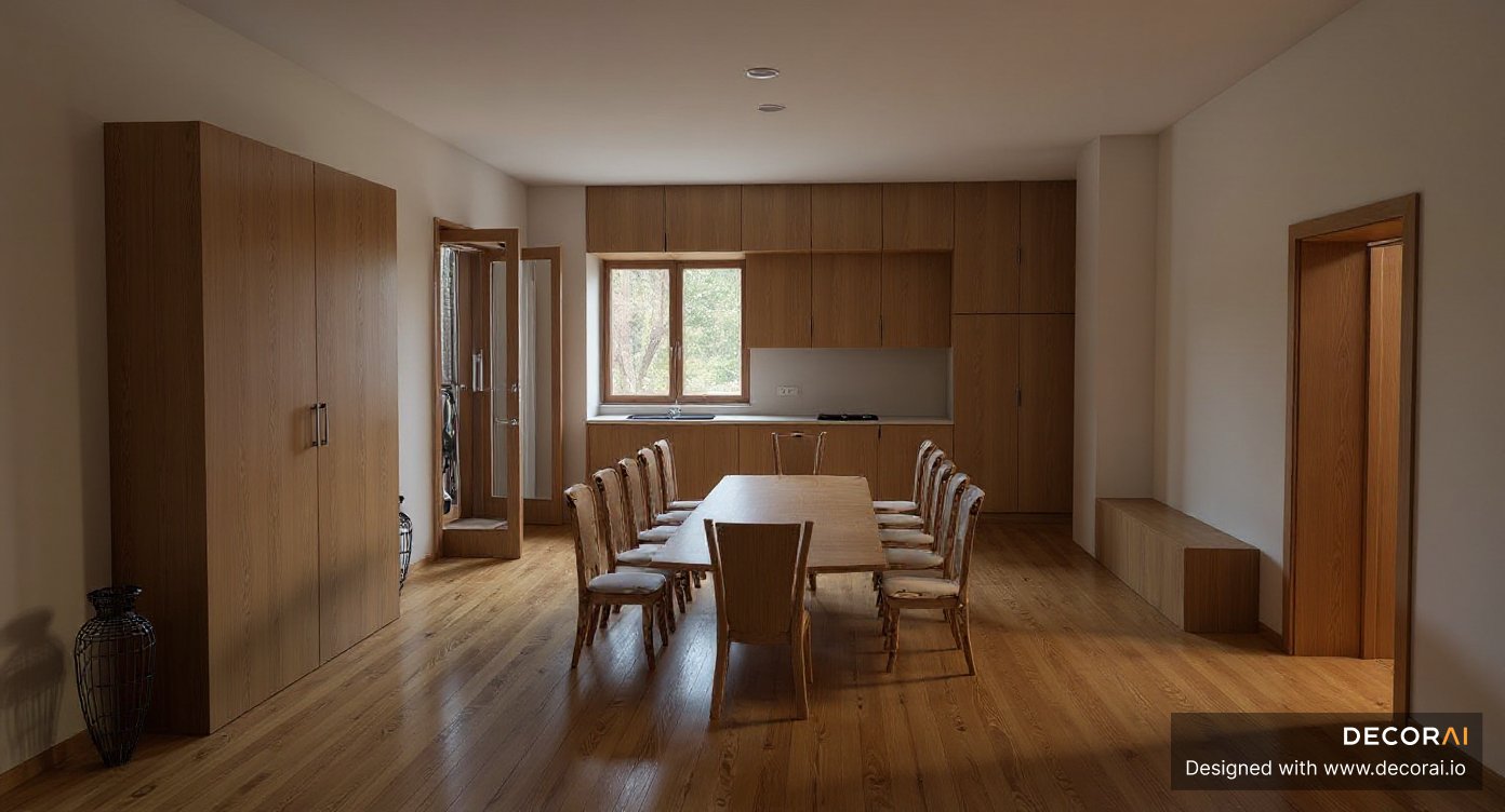 A contemporary dining room with open kitchen with natural wood flooring, minimalist wooden table and chairs, built-in cabinetry, neutral walls, soft natural light, and a calm, warm atmosphere.