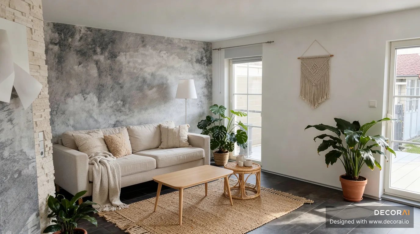 Boho Scandinavian living room with textured accent wall, neutral sofa, woven decor, indoor plants, and natural wood furniture