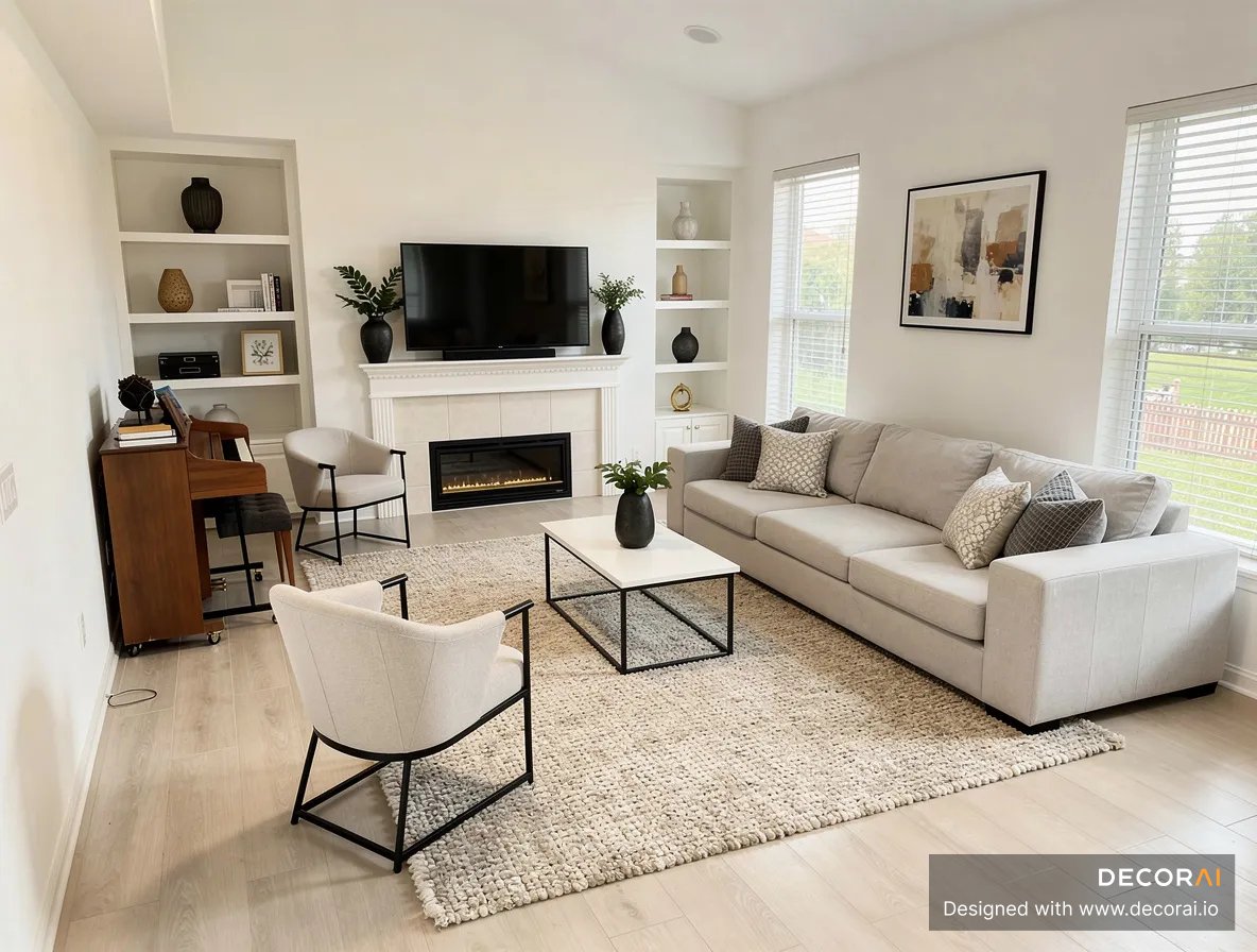 Modern minimalist living room with neutral sofa, built-in shelving, fireplace, textured rug, and contemporary decor.