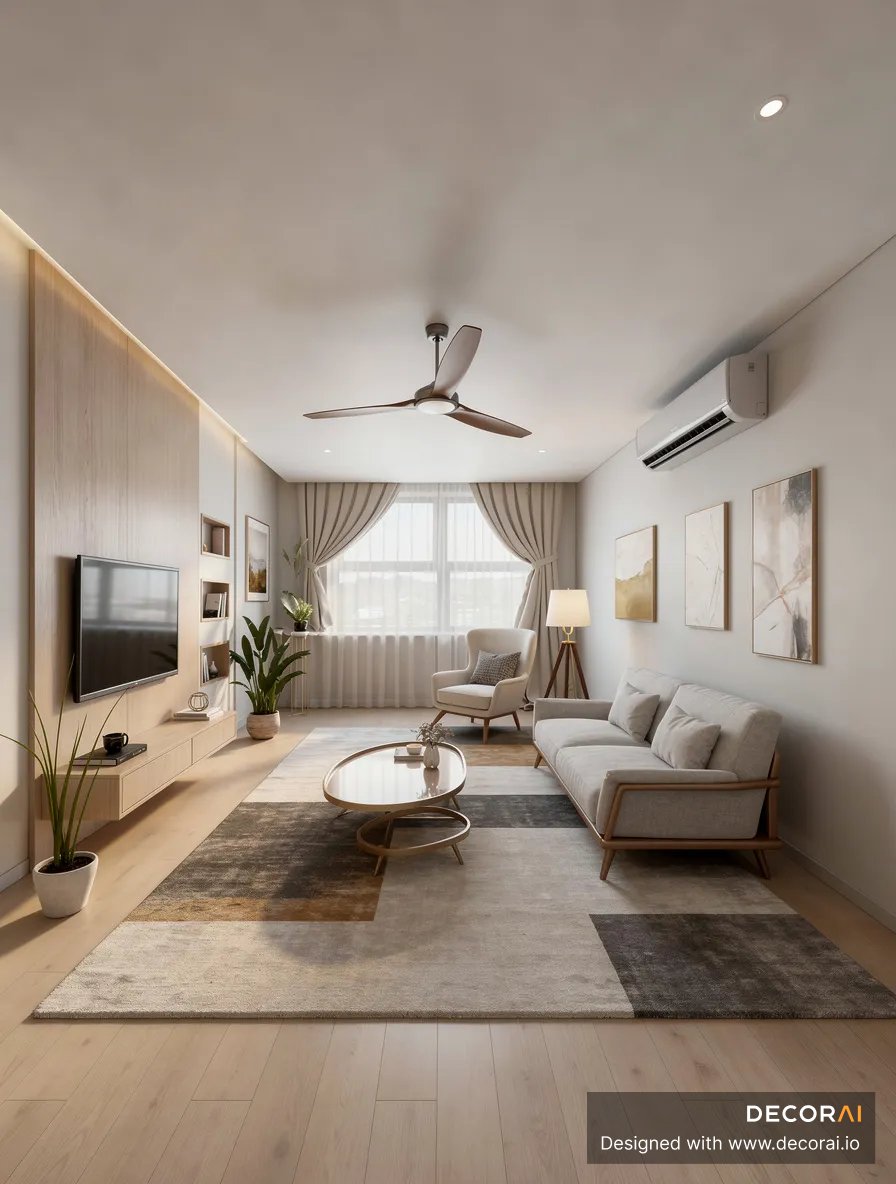 Modern Scandinavian living room with minimalist design, featuring neutral tones, a light gray sofa, armchair, geometric rug, wooden coffee table, wall-mounted TV, and soft natural lighting.