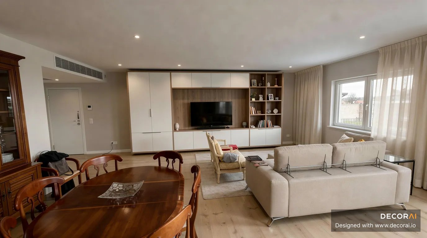 Modern Contemporary living room with beige sofa, wooden dining table, white built-in cabinets, large window with sheer curtains, neutral tones.