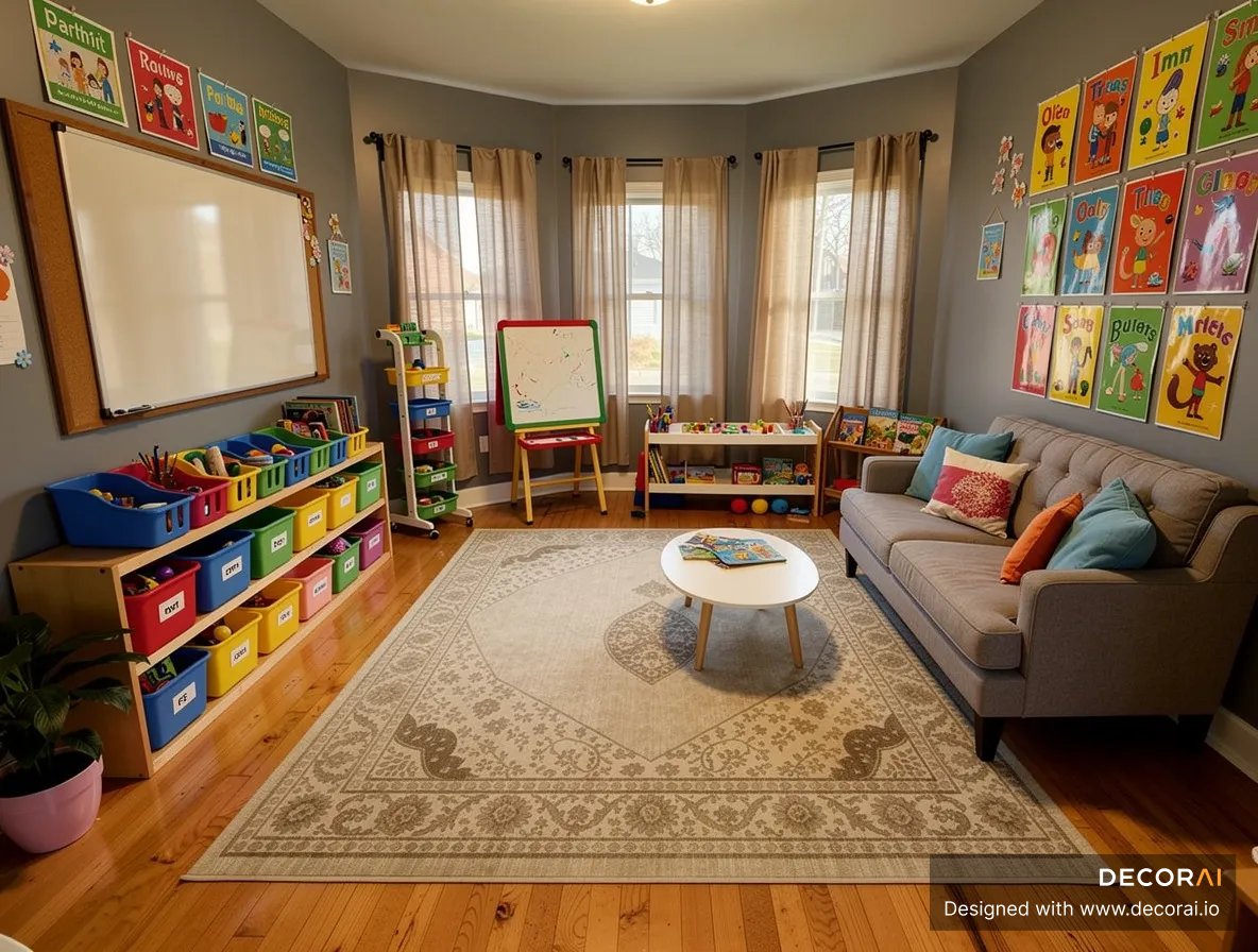 Kids learning room with colorful storage bins, educational posters, reading area, and activity table.
