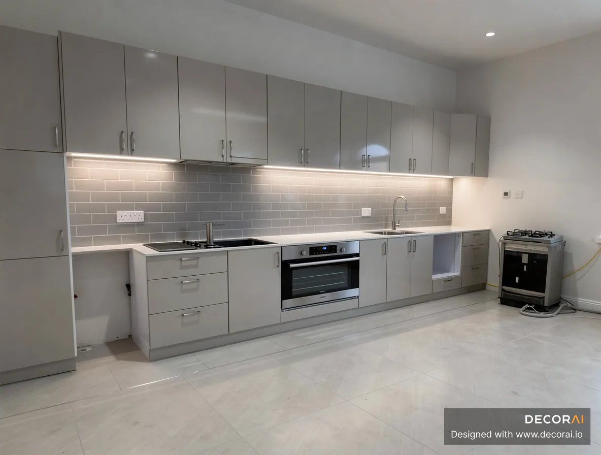 Modern single-wall kitchen with sleek gray cabinets, white countertops, subway tile backsplash, built-in oven, under-cabinet lighting, and polished light tile flooring, bright and minimal.