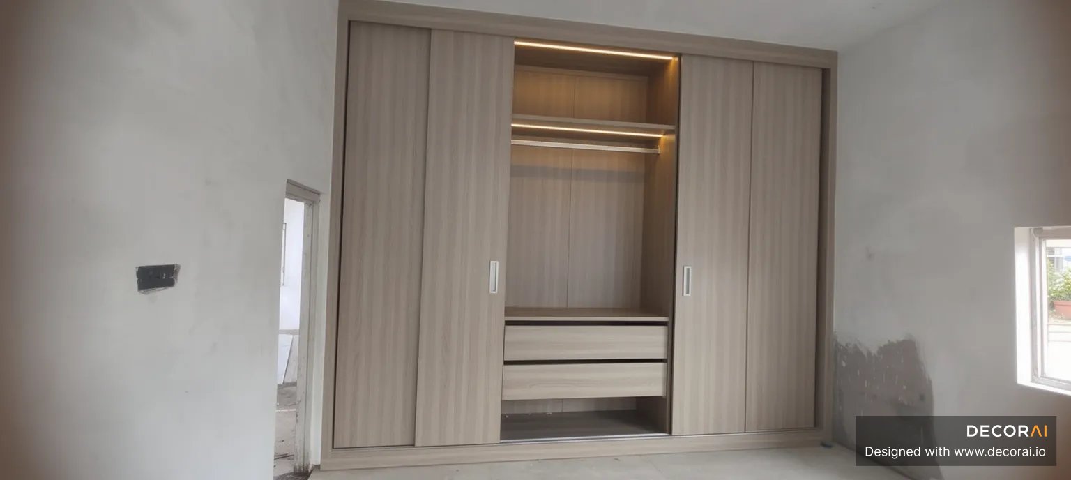 Modern built-in sliding wall wardrobe with light wood panels, integrated LED lighting, open shelves, and storage drawers.