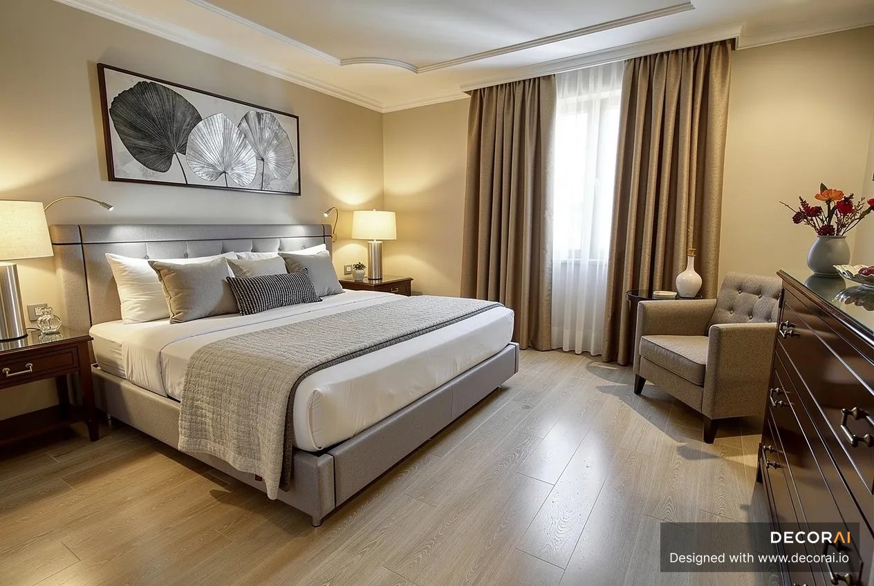 Contemporary neutral bedroom with upholstered bed, warm lighting, taupe curtains, and elegant modern decor.