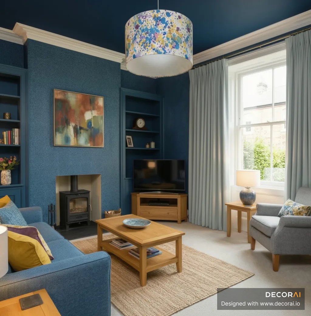 Contemporary living room with deep blue walls, cozy wood-burning stove, wooden furniture, large window with light curtains, colorful pendant light.