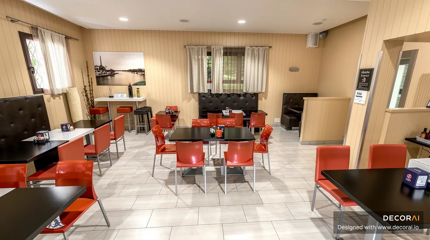 Contemporary cafe interior with red dining chairs, black tables, booth seating, and warm wood wall paneling