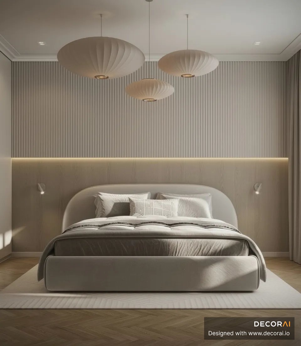 Modern bedroom with minimalist design, featuring a curved upholstered bed, neutral beige tones, textured wall paneling, soft ambient lighting, and three pendant lamps.