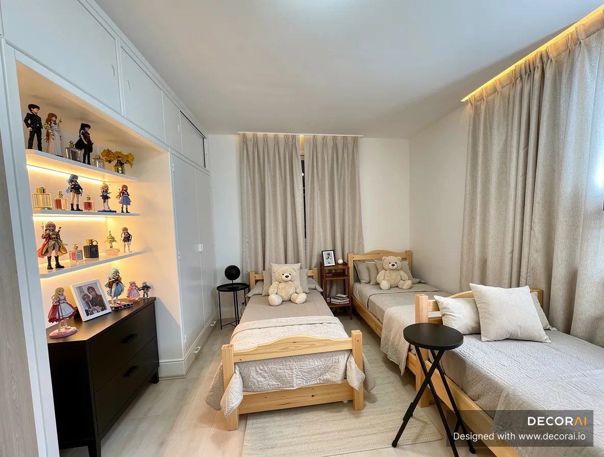 Minimalist bedroom with three light wood beds, neutral beige bedding, teddy bears, soft gray curtains, black side tables, and illuminated shelves displaying figurines.